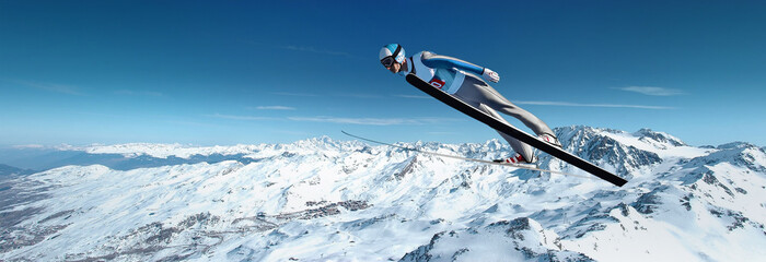 Ski jumping over the mountain slope with blue sky