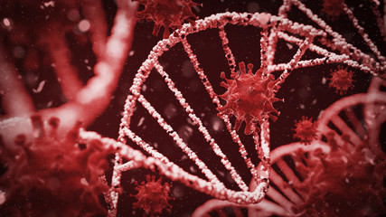 Coronavirus disease COVID-19 infection DNA cell structure biology from microscope, virus in blood cell. integrates into the cellular mechanism of DNA transcription. medical simulation illustration 3D