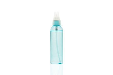 sanitizer alcohol spray in transparent plastic bottle spray injection isolated on white background for disinfection, prevent spread of germs during infection of COVID-19 Coronavirus outbreak situation