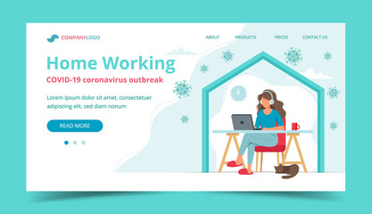 Home office during coronavirus outbreak concept. Landing page or banner template. Vector illustration in flat style