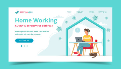 Home office during coronavirus outbreak concept, man working from home. Landing page or banner template. Vector illustration in flat style