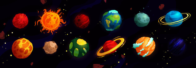 Cartoon planets vector cute set. Space objects - sun, moon, mars, mercury, earth. Fantasy planets. - obrazy, fototapety, plakaty