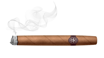 Realistic smoking cigar isolated on white background - 333140072