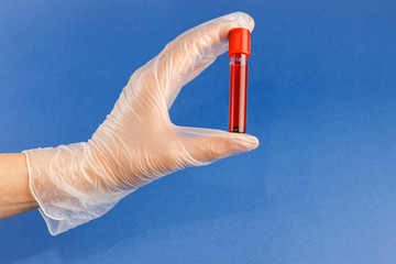 Hand holding testing patients blood samples for virus ion blue backgfound. New coronavirus 2019-nCoV concept, empty space isolated on blue panorama banner.