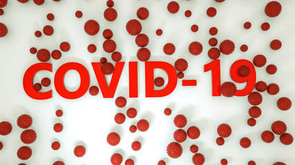 Covid-19 inscription with three-dimensional models of the virus. concept of pandemic corona virus. 3d render. illustration