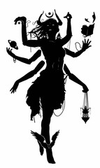 Black silhouette of a deity girl, with many hands, with a smile on her face and glowing eyes, in her hands a censer, a planet, a book, she is hung with many trinkets . 2D illustration