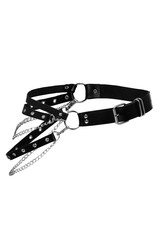 Subject shot of a black leather waist belt with straps, steel rivets, chains, clasps, rings and a buckle. The fancy waistband is isolated on the white background.  
