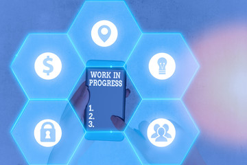 Text sign showing Work In Progress. Business photo text unfinished project that still added to or...