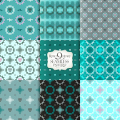 Set of 9 seamless patterns with hearts and curls ornaments, vector backgrounds collection