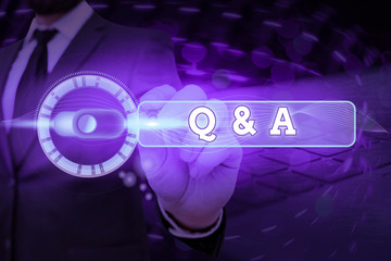Text sign showing Q And A. Business photo showcasing a period of time or an occasion when someone...