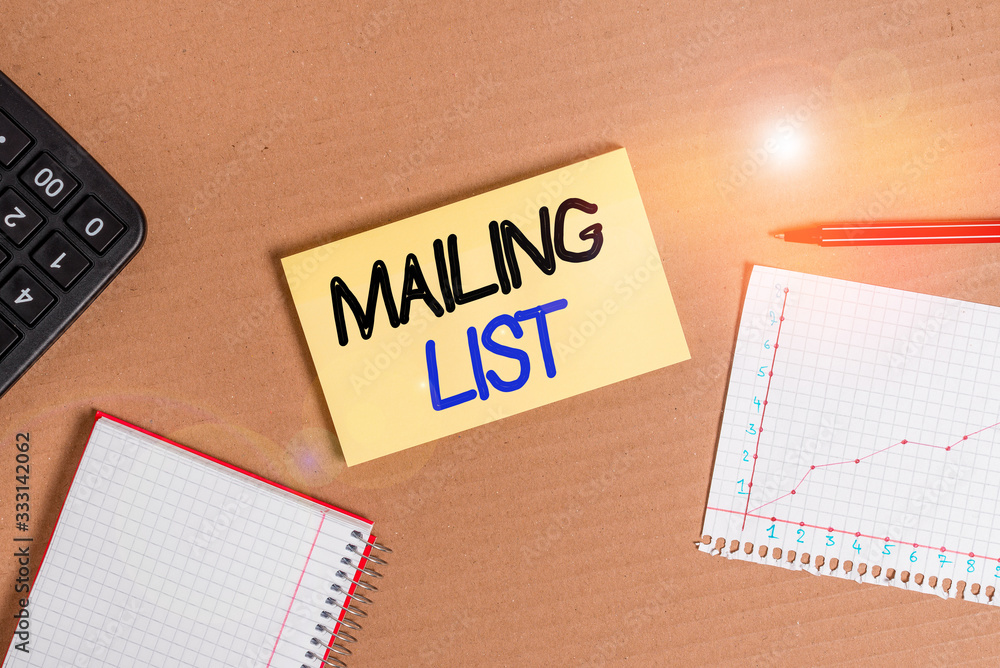Poster handwriting text mailing list. conceptual photo list of showing who subscribe to a periodic mailing 
