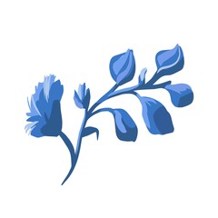 Branch with buds, blossoms and flowers isolated. Stylized floral in indigo colors. vector element design for greeting, wedding, pattern design. Folk art.