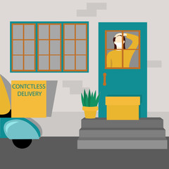 Box with order is on the steps, women looks out the door as the courier leaves on blue scooter. Illustration in flat style. Concept contactless delivery and  quarantine coronavirus.