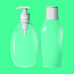 Set of realistic cosmetic bottles. Dispensers with cover and sprayer container. EPS10