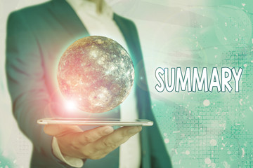 Text sign showing Summary. Business photo showcasing brief statement or account of main points of...