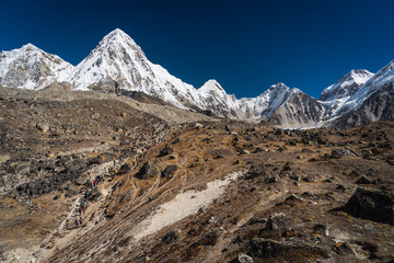 Trekking trail to Everest base camp in Sagarmatha national park, Himalaya mountain range in Nepal