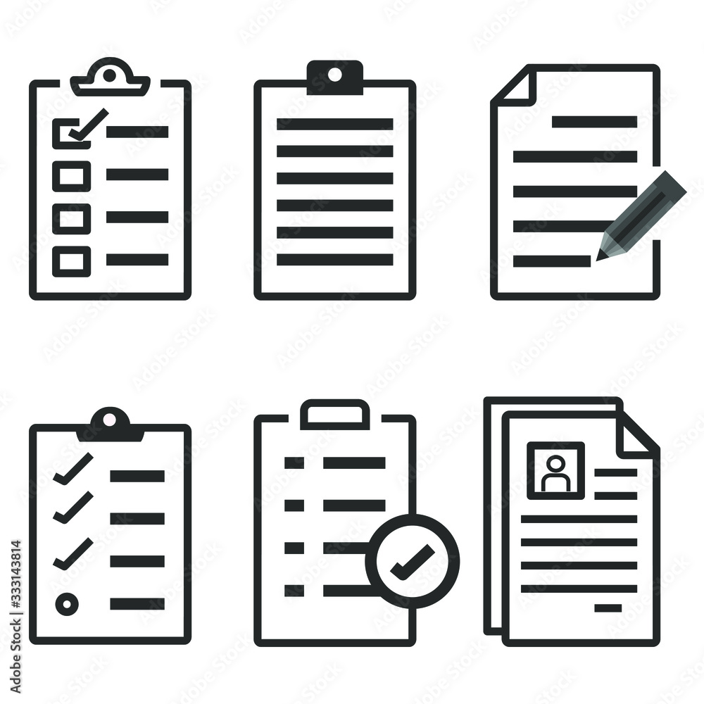 Poster set of record checklist paper. business work check and resume document icon. premium thin line vecto