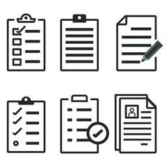 Set of record checklist paper. Business work check and resume document icon. Premium thin line vector illustrator