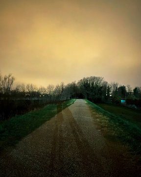 Two shadows of persons having a walk on a country road in the evening