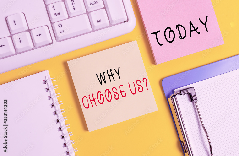 Poster word writing text why choose us question. business photo showcasing list of advantages and disadvant