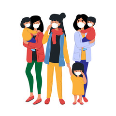 Stock vector illustration with a group of mothers and children in protective masks on a white background. Corona virus concept. Epidemic disease concept
