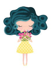 Cute girl with flowers, vector illustration, fashion kids artwork.