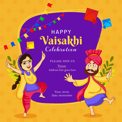 illustration of Happy Vaisakhi Punjabi festival celebration background with punjabi couble dancing.