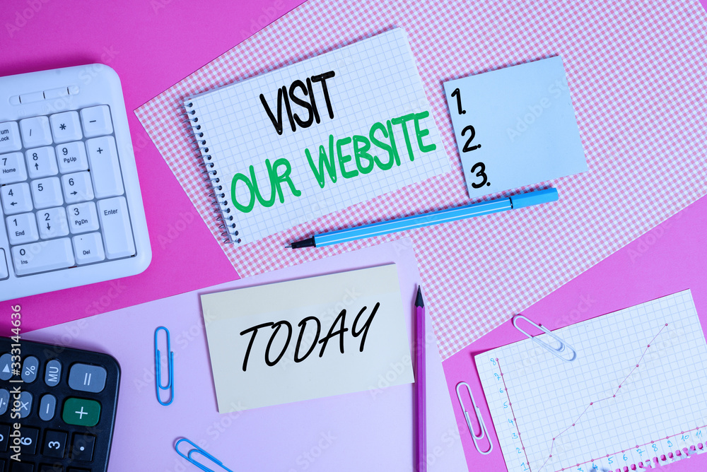 Poster writing note showing visit our website. business concept for visitor who arrives at web site and pro