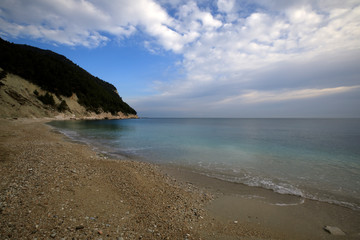 Sirolo (AN), Italy - January 1, 2019: Sassi Neri beach, Riviera del Conero, Adriatic Sea, Sirolo,...