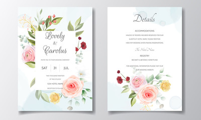 Wedding invitation card set template with beautiful colorful  floral and leaves