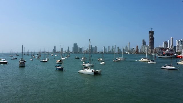 Aerial view of beautiful yachts in a bay in the Bocagrande area, Cartagena, Colombia