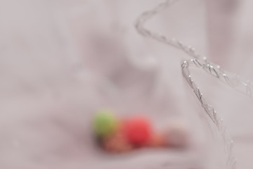 Sofia, Bulgaria - March 24, 2020. White pink lace pattern. Blurry wedding texture. White veil.