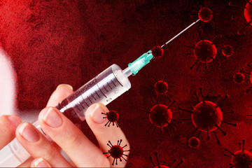 Medicine plastic vaccination equipment with needle on virus images background. vaccination helps...