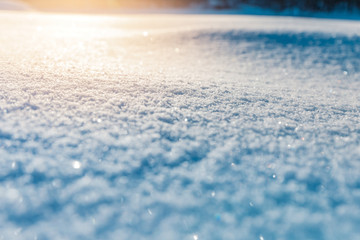 Large snowflakes lie on a snow bank. The concept of weather forecasts and the winter climate