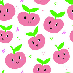 Seamless pattern with cartoon smile of apples. Fruit colorful design for children or kitchen textiles, fabric, paper. Cute Doodle. Vector illustration on a white background