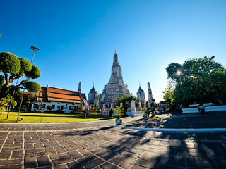 Wat Arun Panorama view with blue sky  in Bangok Thailand - Architecture Photography