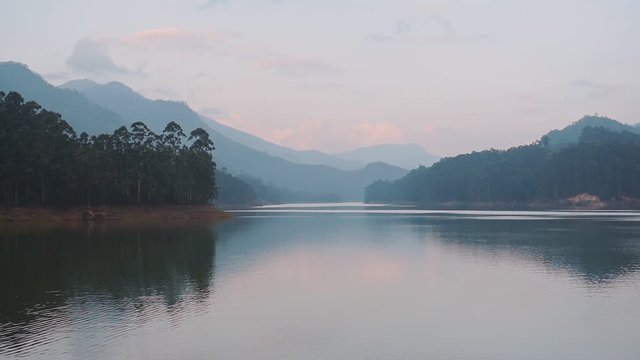 Beautiful Scenery Of A Peaceful River And Tree On A Sunset In India Munnar - Wide Shot