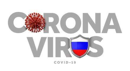 Fototapeta premium Russia coronavirus concept with microbe and shield. 3D Render