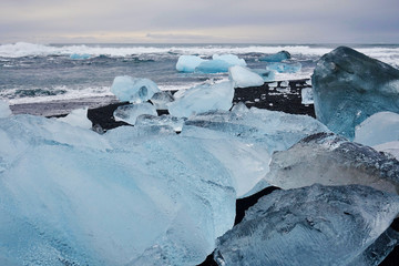 Iceland. Landscape of black beaches with icebergs