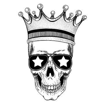 Vector skull with crown wearing glasses in disco music style.