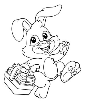 recommend clip art: Easter bunny rabbit cartoon character holding a basket full of painted Easter eggs. In black and white outline