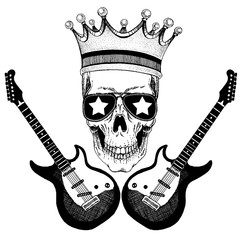 Vector skull in crown with guitars. Logo for shirt, musical poster
