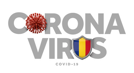Romania coronavirus concept with microbe and shield. 3D Render