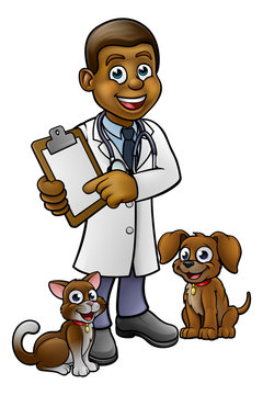 A vet cartoon character with pet cat and dog animals holding clipboard and pointing at it