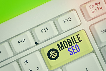 Text sign showing Mobile Seo. Business photo text process of optimizing a website to rank for...