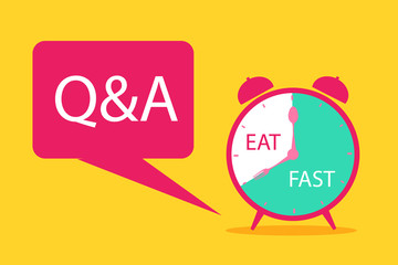 Intermittent fasting Q&A, clock with eating and fasting hours. Intermittent Fasting often use for loosing weight or to control dia
