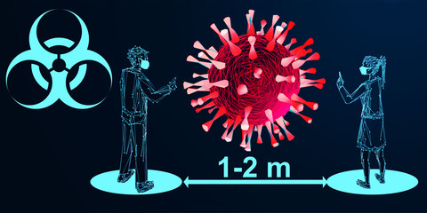 Coronavirus. Social distancing and minimize physical contact. Space between people to avoid spreading COVID-19 Virus. Keep the 1-2 meter distance. The medical concept. Low poly wireframe style. Vector
