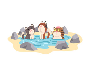 Funny Cats Taking Japanese Hot Spring Bath Outdoor, Cute Pet Animals Enjoying Spa Procedure Vector illustration