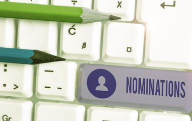 Text sign showing Nominations. Business photo showcasing action of nominating or state being...