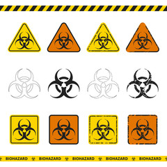 Vector set of 12 biohazard icons + 2 seamless warning tapes. Signs and stamps in different styles. Grunge and multicolor signs of biological hazards. Pack of 14 elements isolated on white.